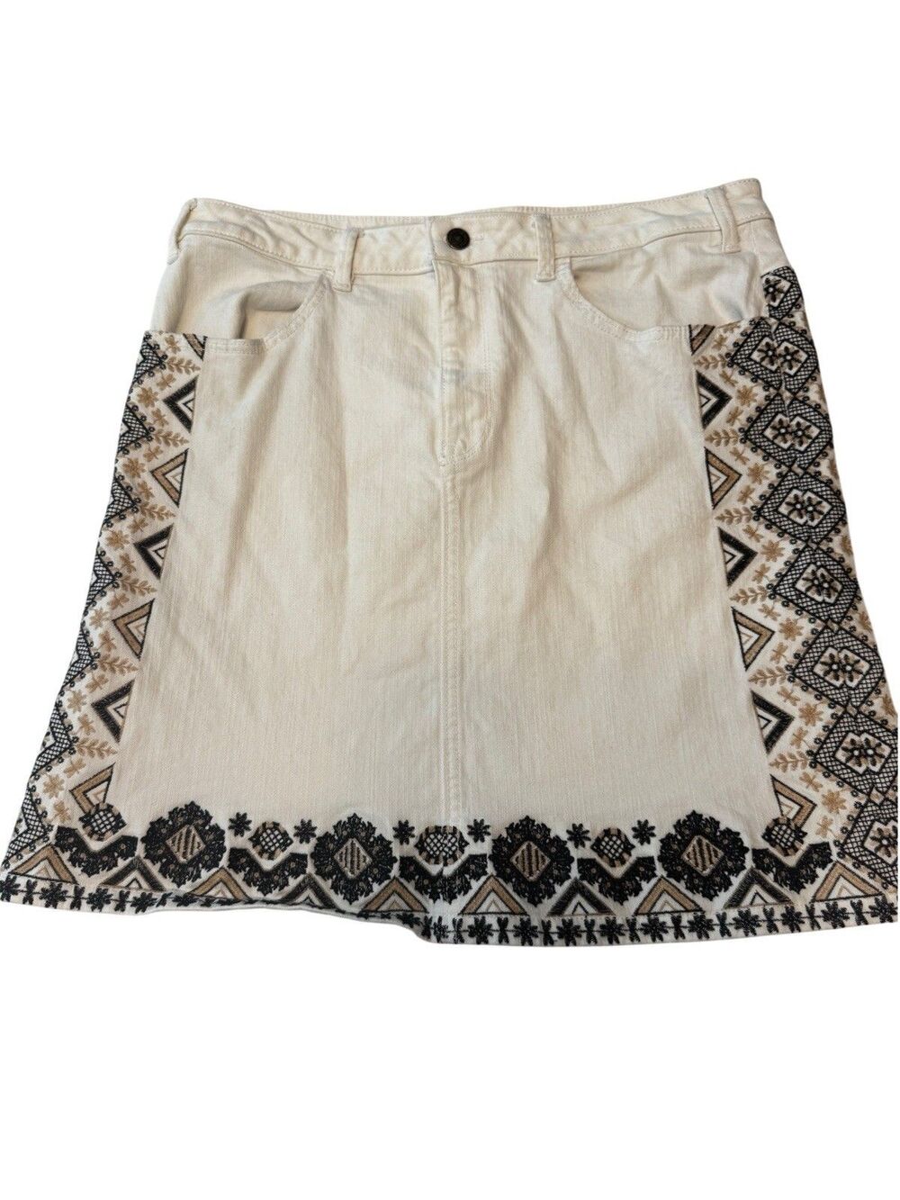 Anthropologie Pilcro Off White Denim Skirt 14 Embroidered Boho Festival Aztec